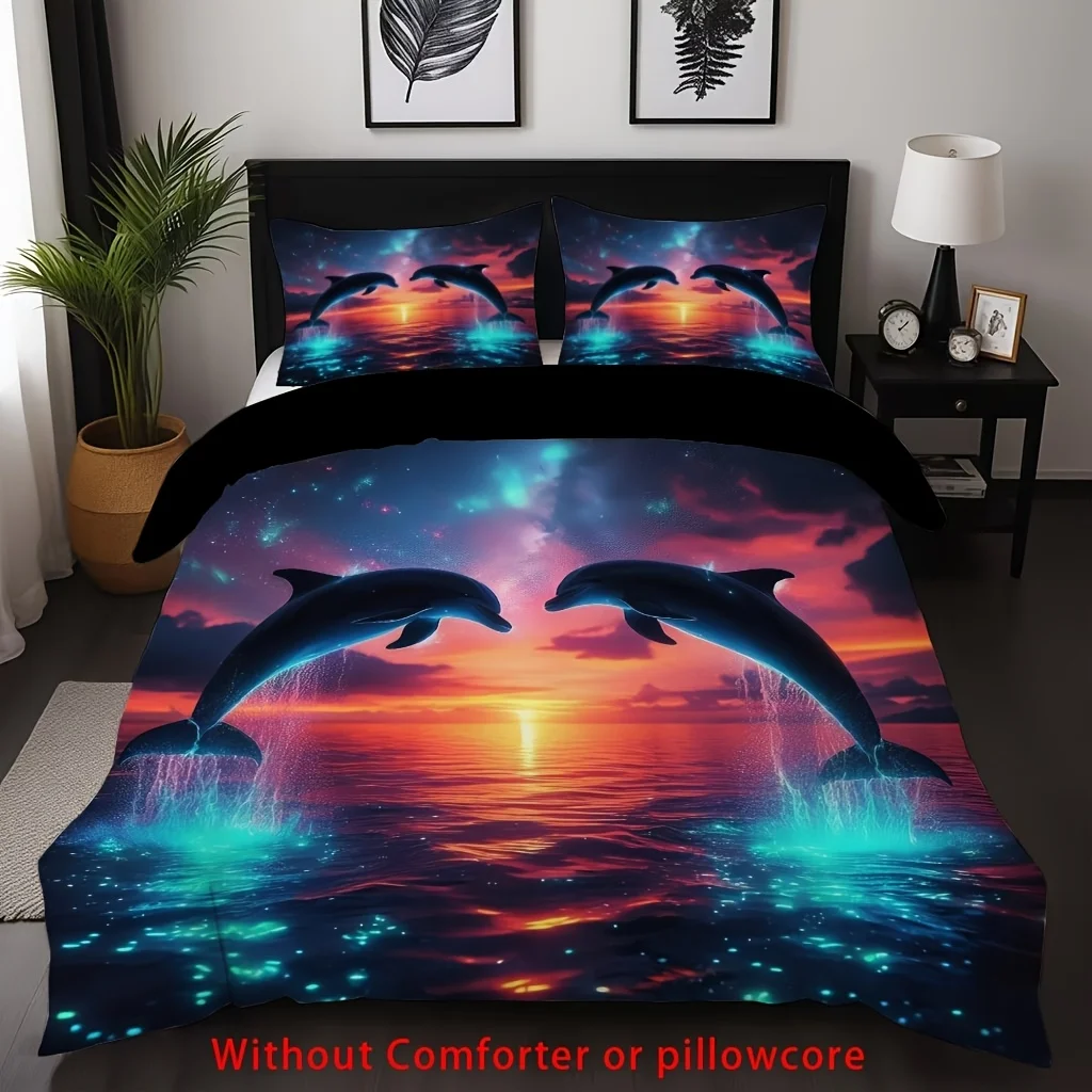 

2/3pcs Dolphin Themed Duvet Cover Set (1 Duvet Cover + 1/2 Pillowcase, Without Core), Blue Dolphin Marine Animal Pattern Print