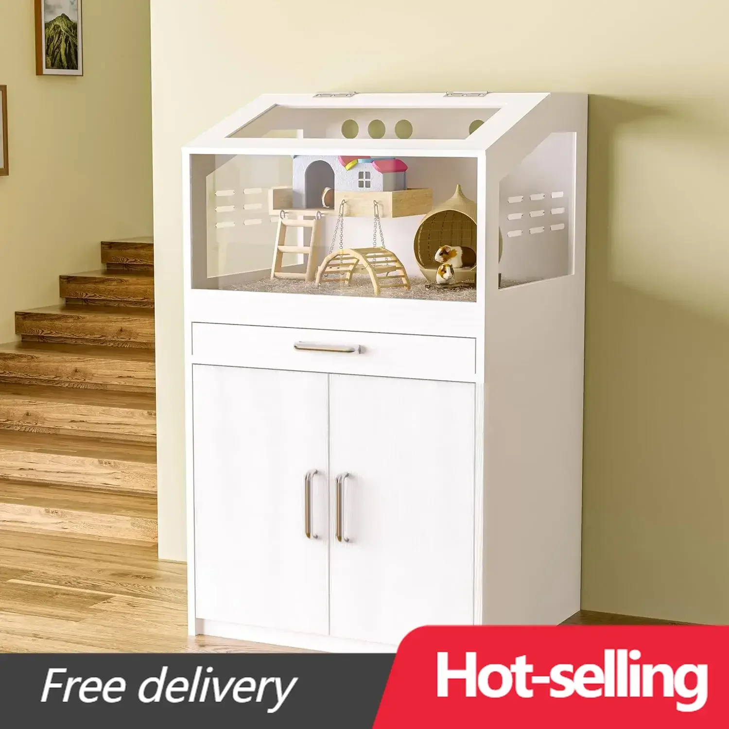 Hamster Cage with Storage Cabinet, Guinea Pig Cage for Small Animals, Large Hamster Cage and Habitat