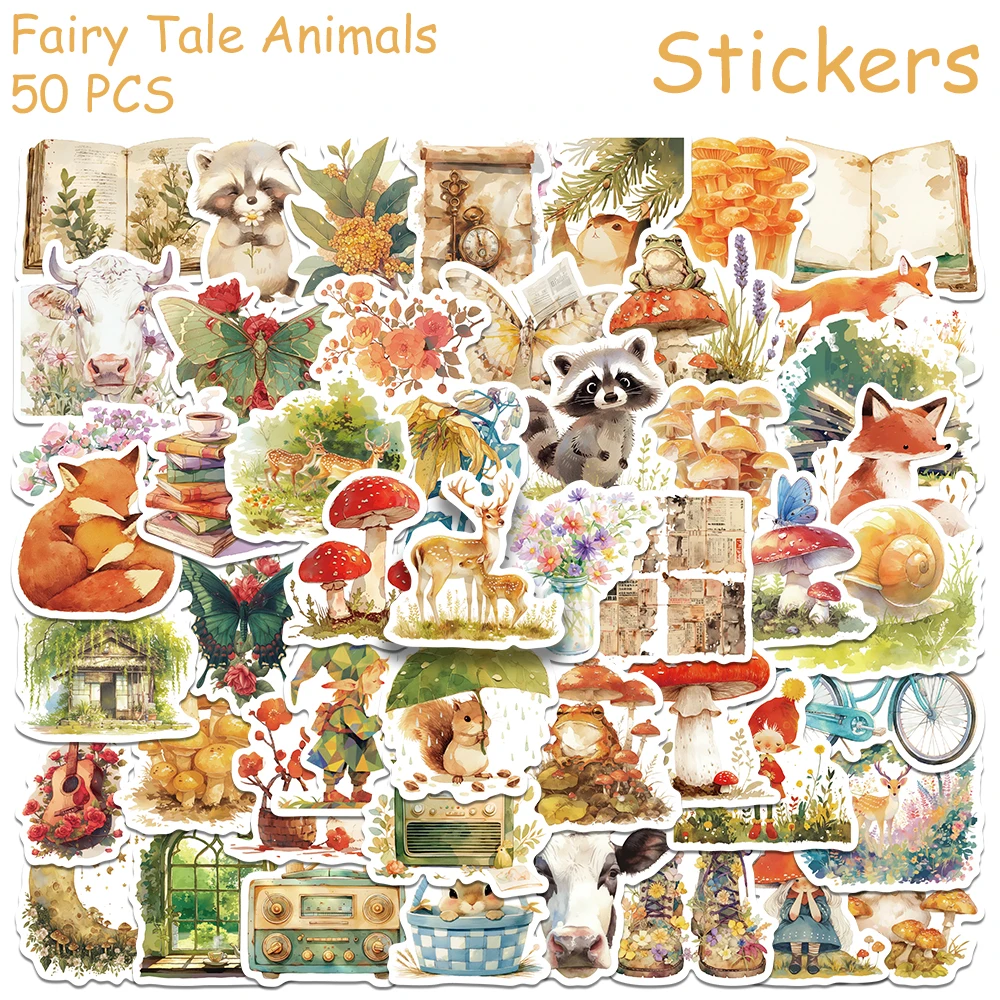 

50pcs Retro Fairly Tale Animals Stickers Decals For Phone Laptop Luggage Refrigerator Scrapbook Aesthetic Stickers Kids Toy Gift