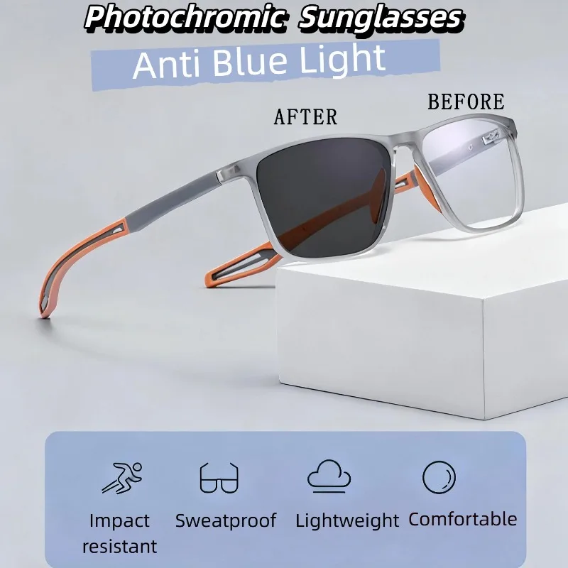 Photochrome Outdoor-Sport-Sonnenbrille mit quadratischem Rahmen, Anti-Strahlung, blaues Licht blockierende Brille, Damen und Herren, leichte Brillen