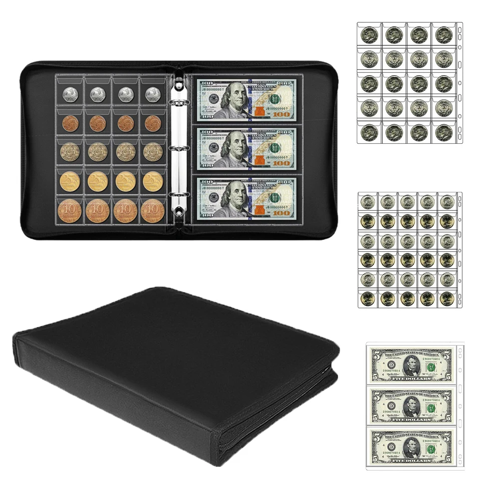 Fireproof Coin Collection Bookends Currency Sleeve Album Money Clip 360 Pocket Coin Organiser for Currency Collection Supplies