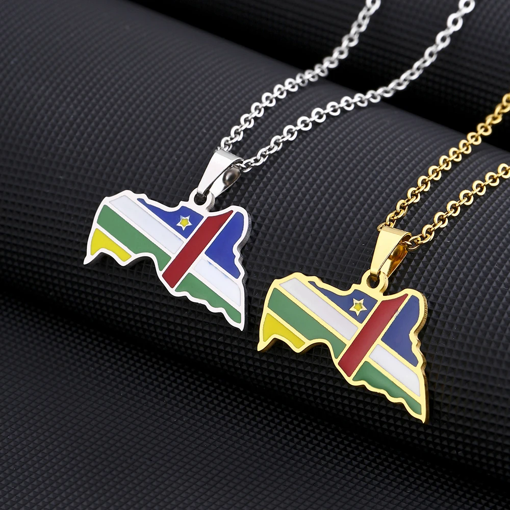 Central Africa Map Flag Pendant Necklace Stainless Steel Gold/Silvre Color Men Women Country Map Jewelry Gift