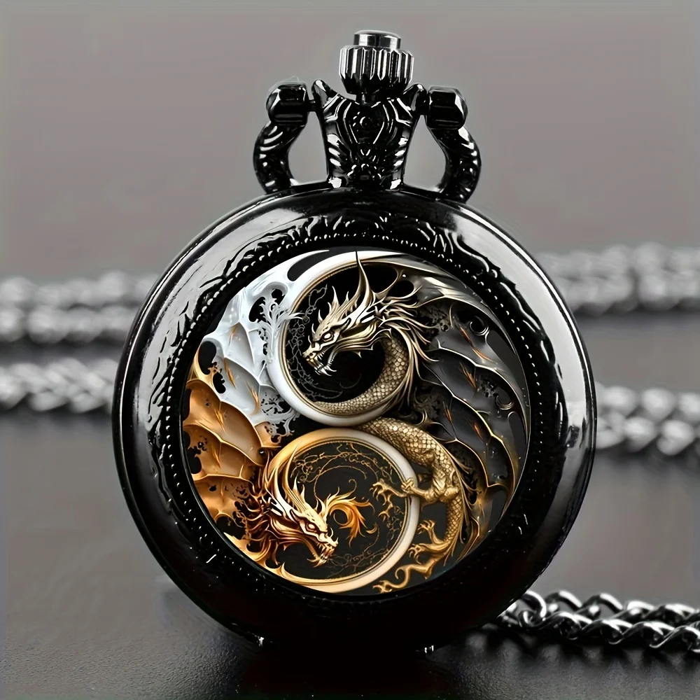 Exquisite Vintage Gold and Bronze Color Dragon Pocket Watch Design with Necklace,Precise Quartz Movement Watch,Gift for Men Kids