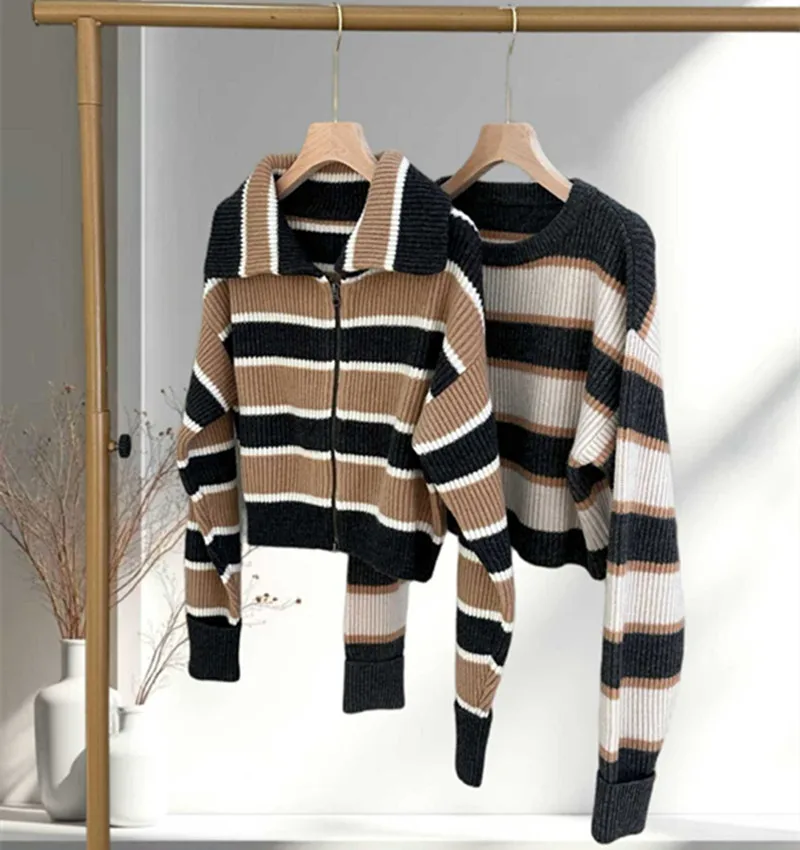 

Women's B*C Autumn Winter Warm Loose Fashion Striped Long Sleeve Cashmere Knitted Sweater