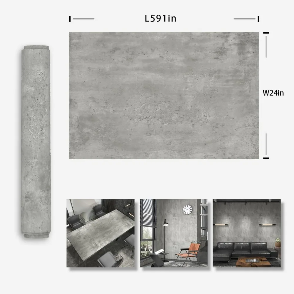 ورق جدران قابل للتقشير واللصق من الخرسانة الرمادية الصناعية مقاس 24 × 591، ورق اتصال ذاتي اللصق سميك غير لامع للجدران و