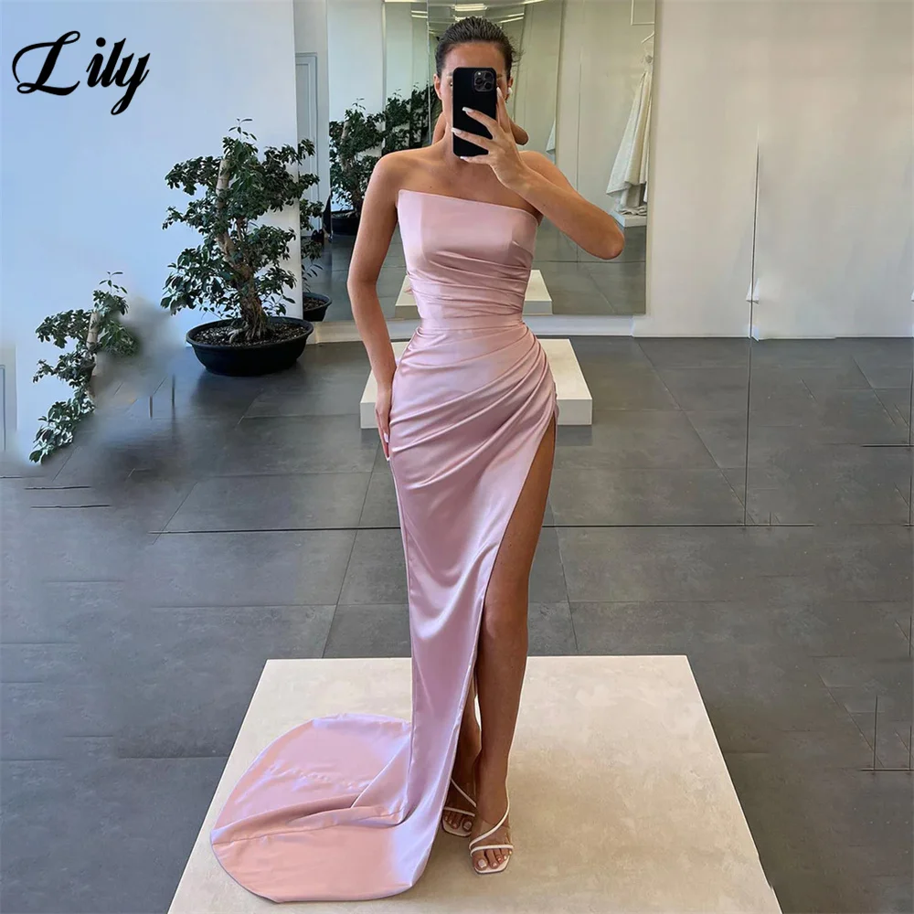 Lily Strapless Orange Prom Dresses Sexy Side Split Wedding Darty Dress Stain Mermaid Evening Dress Sleeveless вечернее платье