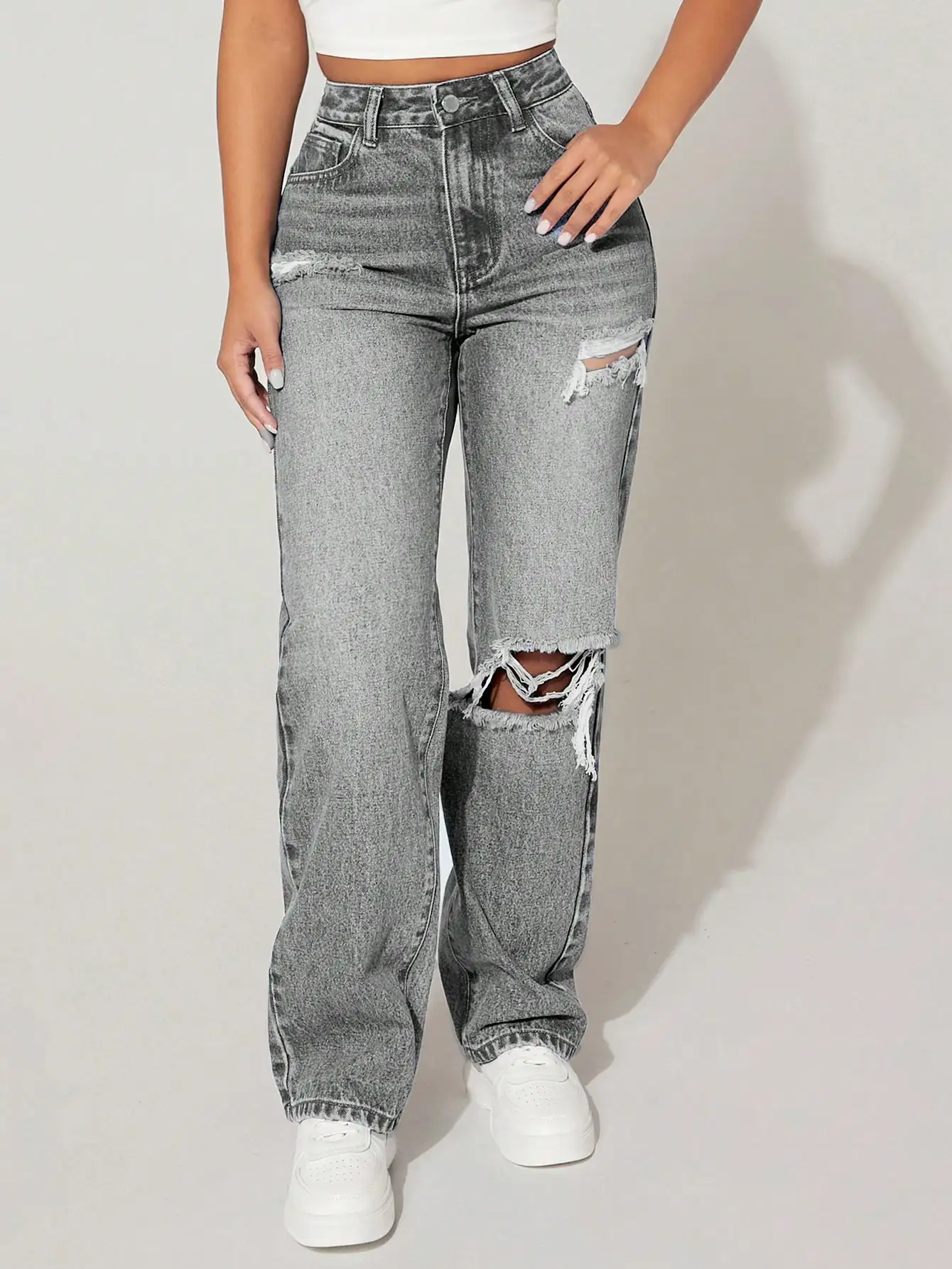 

Women's High Waist Distressed Wide Leg Denim Jeans with Ripped Knee Detail
