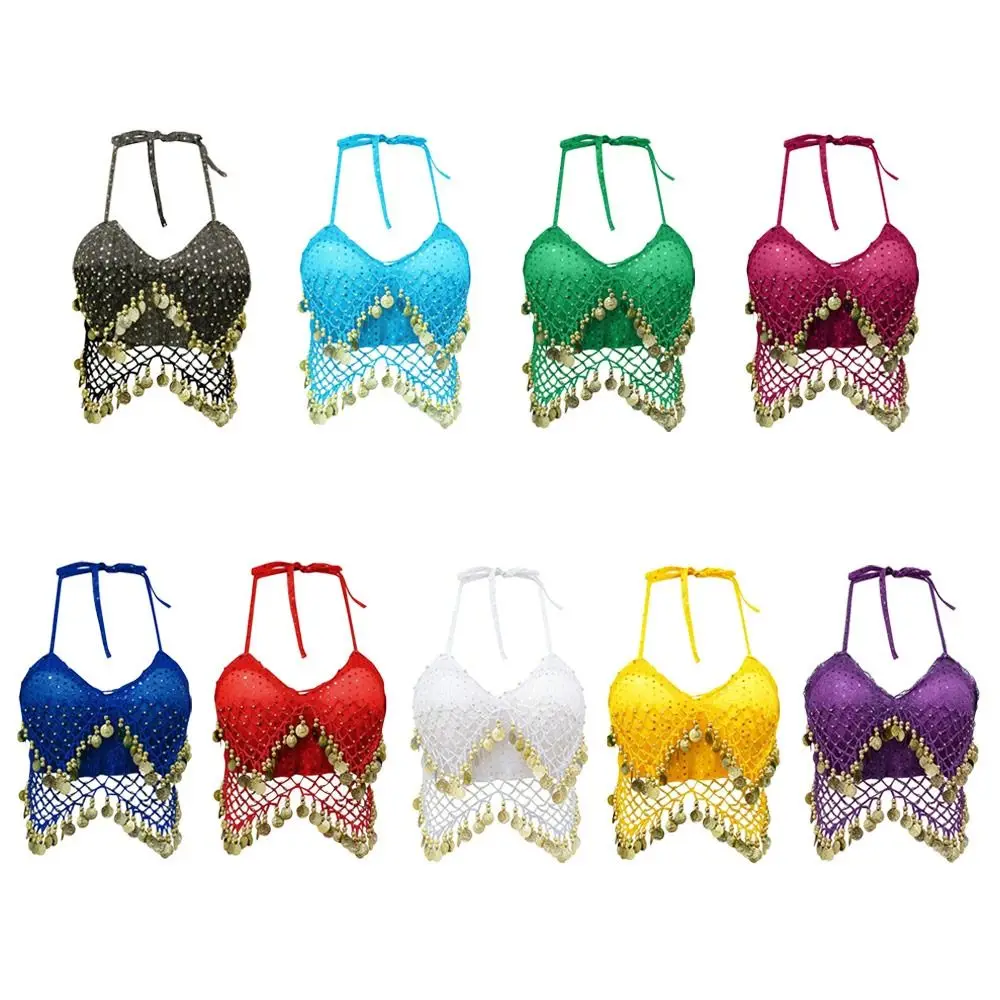 الساحرة لامعة الرقص الشرقي الصدرية الرسن الرقبة شرابة مرحلة الأداء أعلى ملابس الرقص بلا أكمام تظهر ازياء النساء