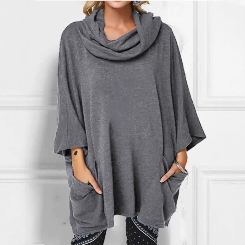 

Новый осенне-зимний стиль, европейско-американская свободная водолазка с напуском, пуловер с карманами и высоким воротником, удобный женский топ с длинными рукавами