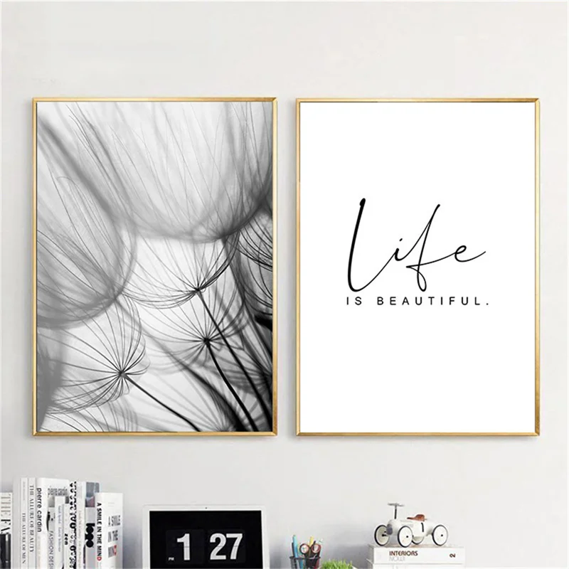 Black White Plant Art Painting Canvas Prints Dandelion and Life Proverb Posters Wall Art for Living Room Modern Home Decor