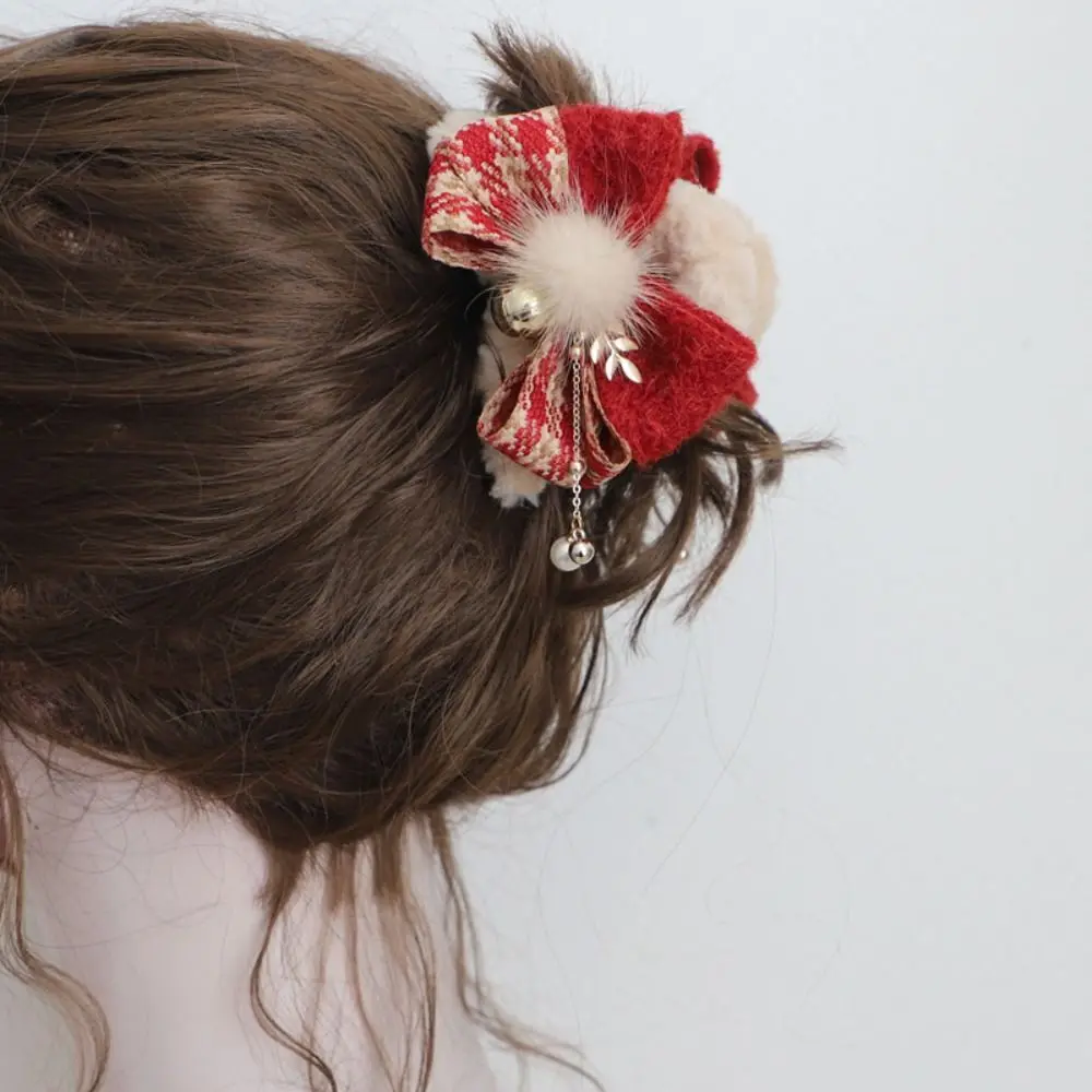 Fashion Bow Christmas Hair Claw Ball Tassel Winter Claw Clip Grab Clip Ponytail Holder Christmas Shark Clip Girl