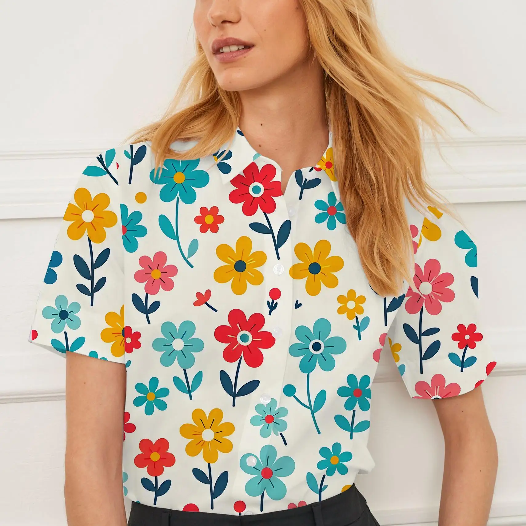 Short-sleeved shirt summer lapel women's tops floral pattern design personality fashion women's casual versatile breathable
