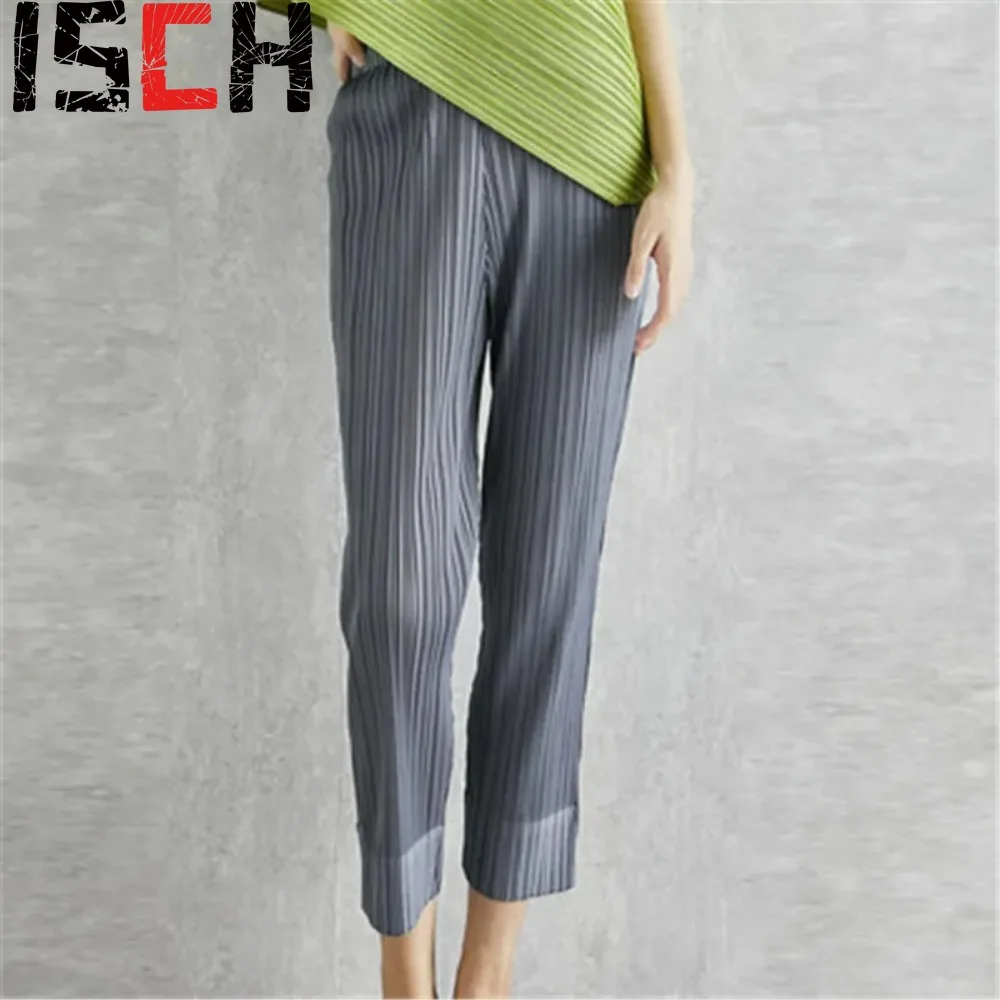 

Stretchy Pleated Cropped Trousers Solid Color Large Size Slim Fit Urban Casual Women Split Pants Professional Business Pants