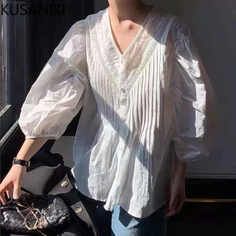 KUSAHIKI Korea 2023 New Women Blouses Chic Lace Patchwork V-neck Top Shirts Fashion Folds Lantern Sleeve Blusas Mujer De Moda