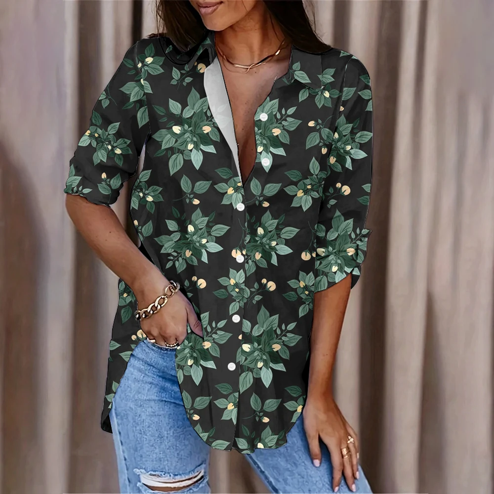 Elegant And Stylish Office Ladies Lapel Long Sleeve Shirt Women's Plant Green Leaf Print Slim Fit Shirt Fashion Shirt