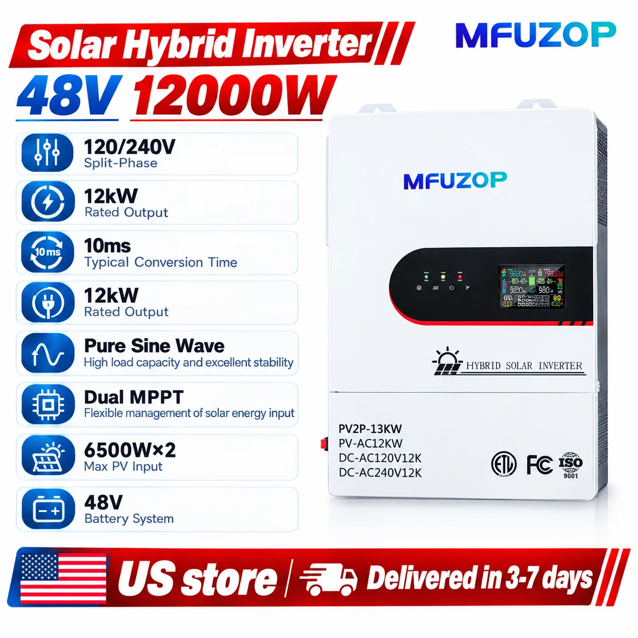 MFUZOP 48V 12000W Supports both 120V/240V split-phase and single-phase output, pure sine wave, equipped with dual MPPT. Suitable for home energy systems and emergency power supplies. US store