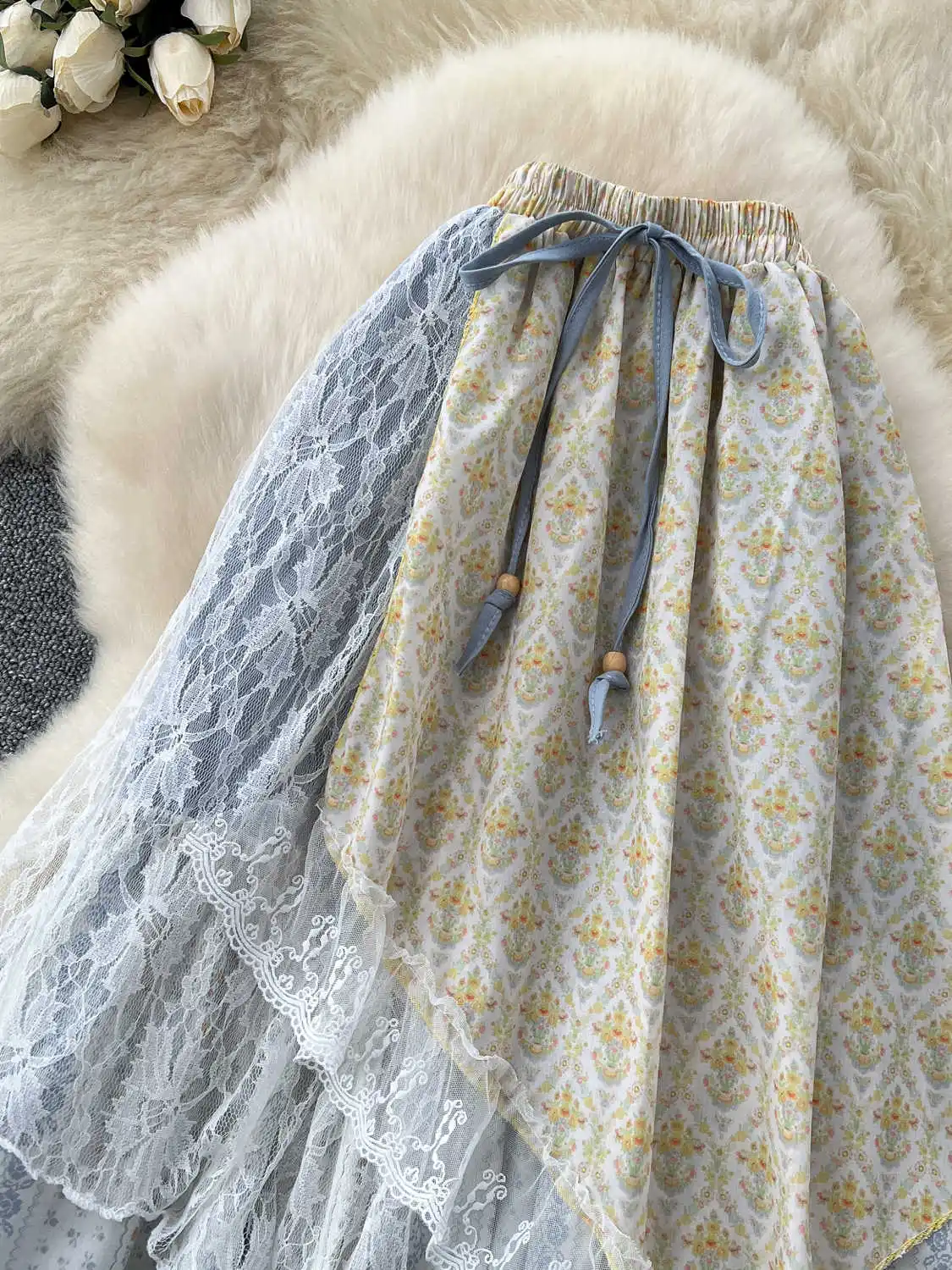 Women's Y2k Flower Print A-line Mori Girl Skirt Elegant Harajuku Patchwork Lace Long Skirts Vintage Skirt 2000s Clothes Summer