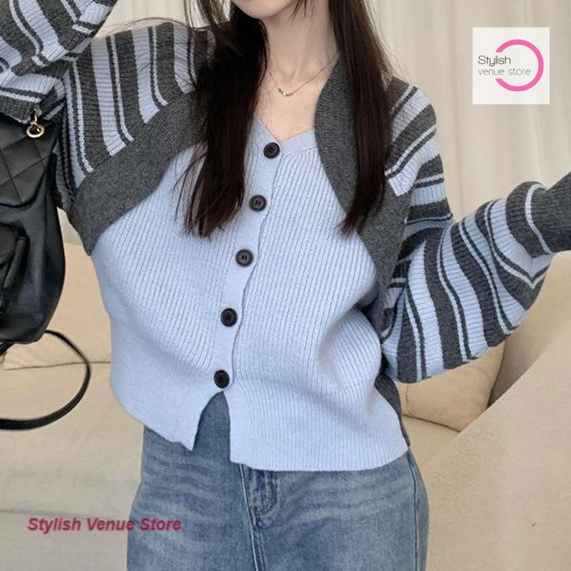 

Корейские повседневные полосатые с длинными рукавами и искусственной строчкой, два свитера с v-образным вырезом для женщин на осень и зиму, вязаный кардиган в стиле ретро Джокер