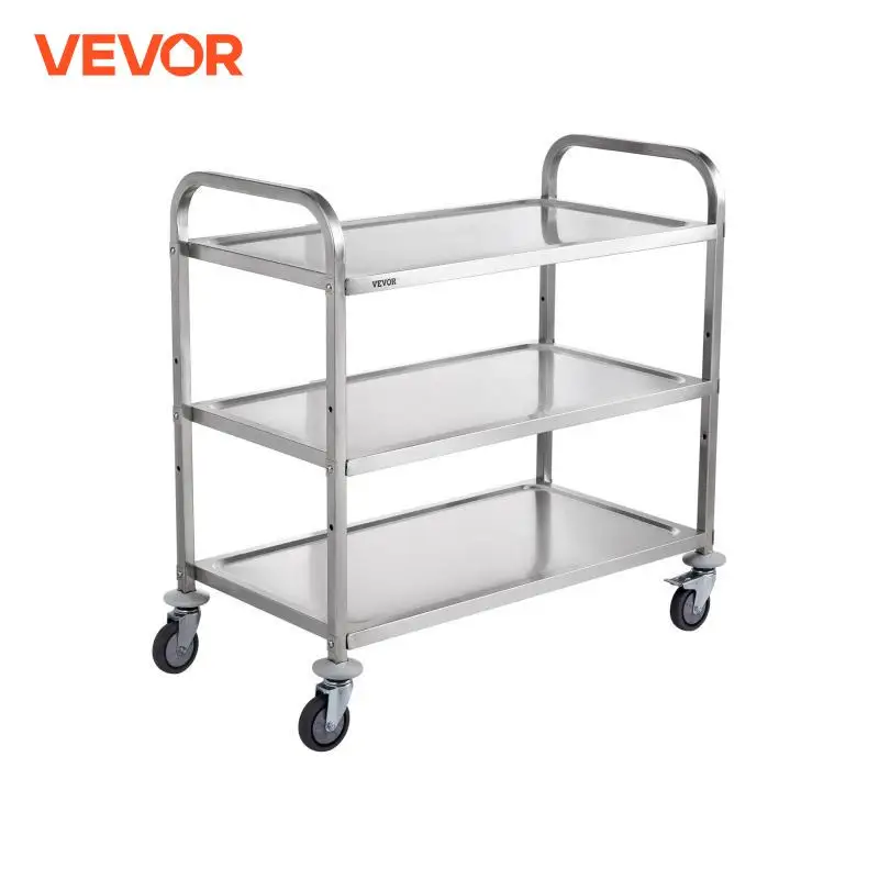 VEVOR 3 Tiers Wire Rolling 450LBS Capacity Steel Kitchen Cart with 80mm Basket Curved Handle PP Liner 6 Hooks Ideal for Indoor