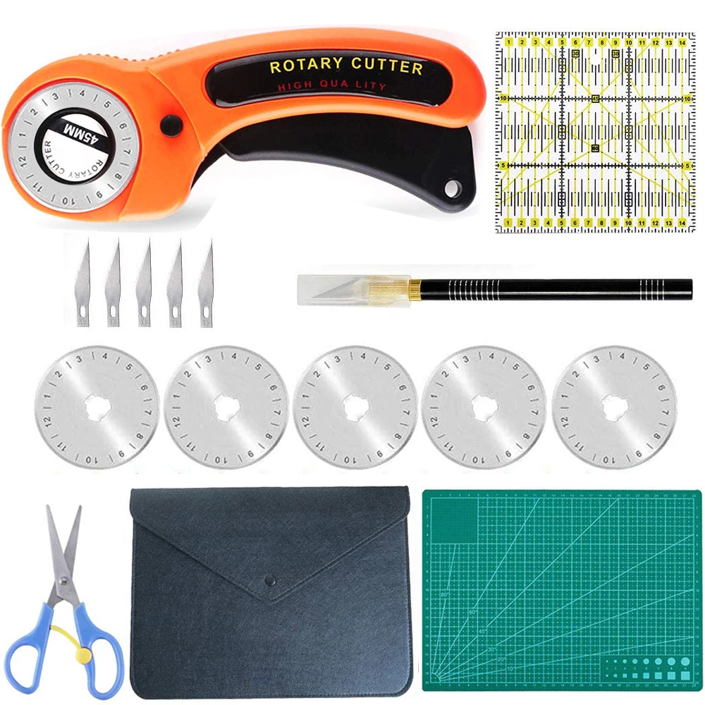 

45MM Rotary Cutter Set 45mm Fabric Cutter with 5 Replacement Blades & Cutting Mat & Patchwork Ruler for DIY Sewing Accessories