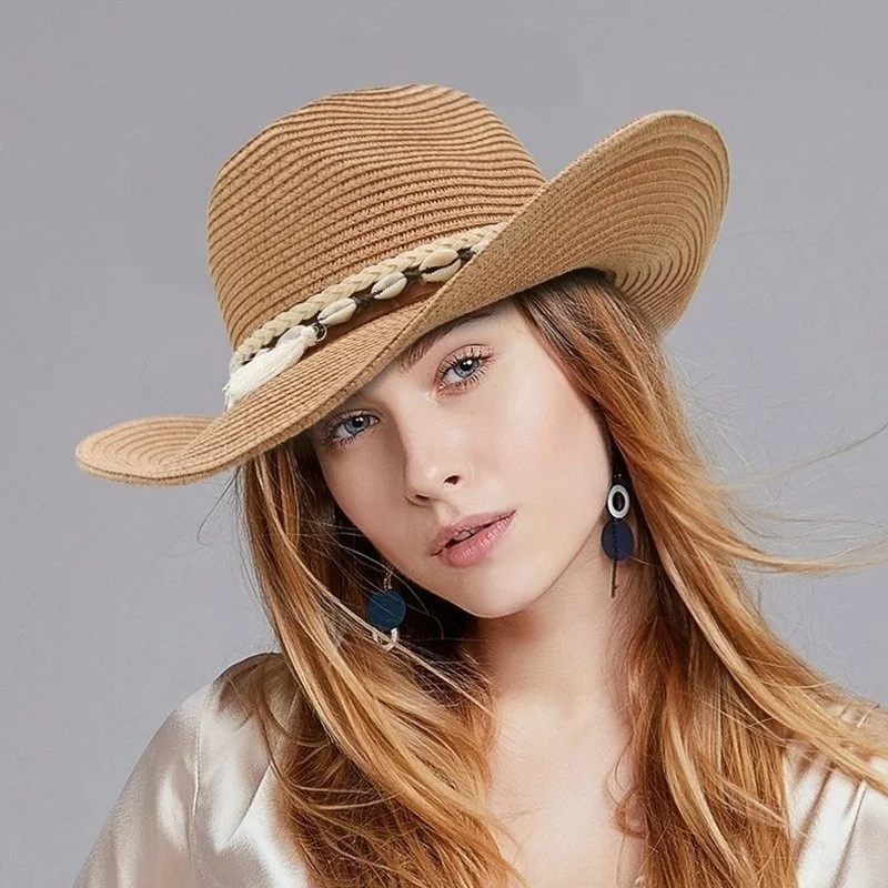 Shell Tassels Cowgirl Summer Hat Straw Hat for Women Men Western Cowboy Hat Lady Trendy Woven Sun Hat Beach Cap