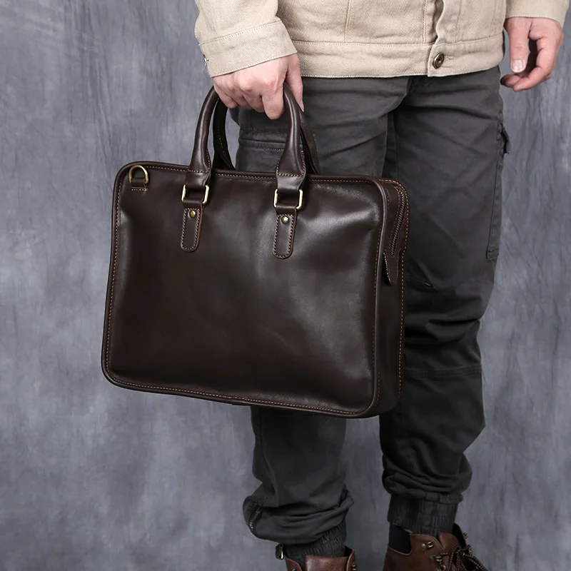 NZPJ Retro Herren Aktentasche Leder Laptoptasche Oberschicht Rindsleder Lässige Handtasche 14 Zoll Business Umhängetasche Messenger Bag – Detail 4