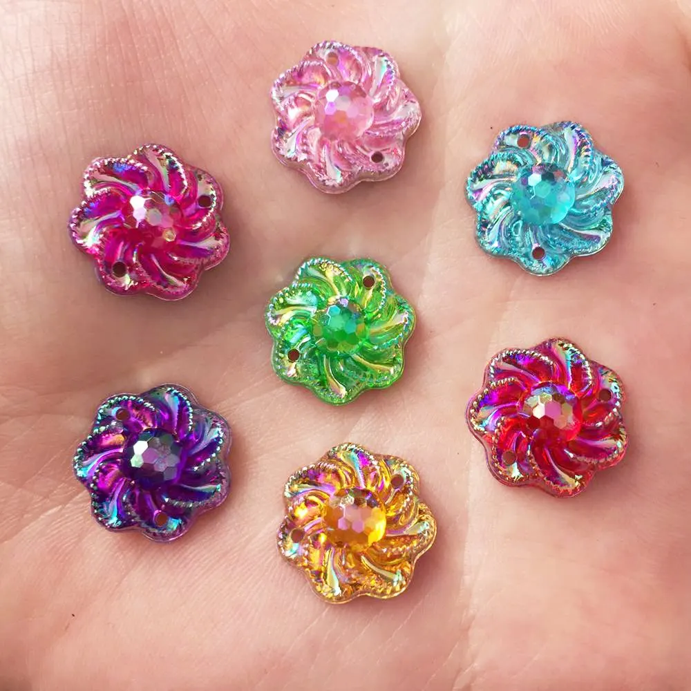 40PCS 15mm AB Resin Flower Rhinestone Flatback Wedding Diy Buttons 2 Hole Crafts Jewelry Accessories K26