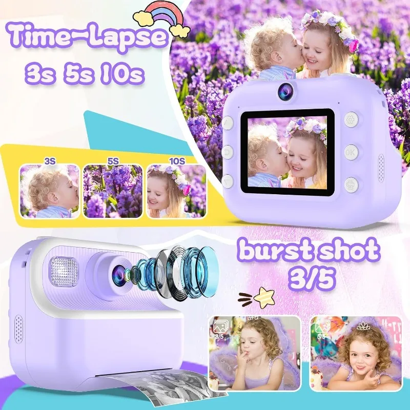 Camera Instant Print 48MP Kids Selfie Digitale Camera, 1080P HD Kindervideorecorder, 2,4 "peutercamera met printpapier