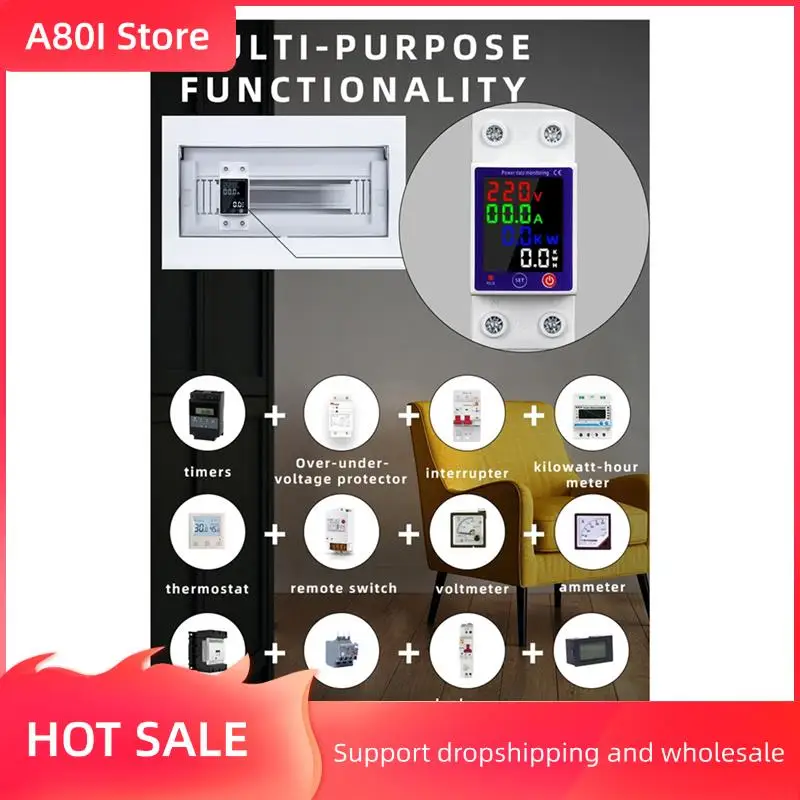 

A80I Tuya Wifi Smart Energy Meter Multifunctional Protector Color Display Over Under Voltage Protector Prepaid Meter Durable