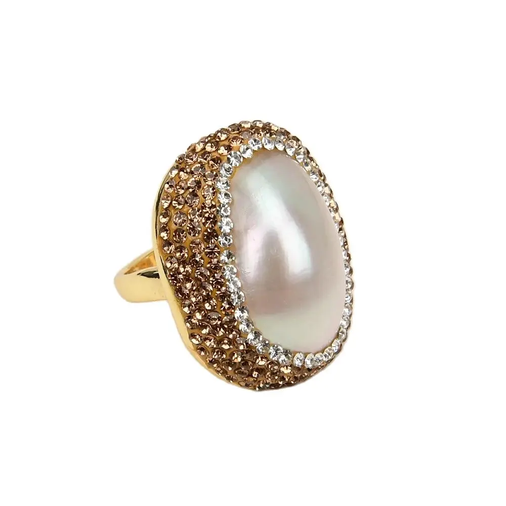 G-G Natural White Sea Shell Mother Of Pearl Trimmed With Golden Crystal Ring Adjustable