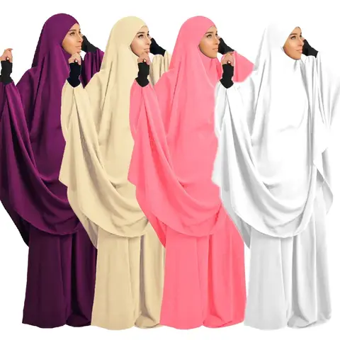 2 Piece Ramadan Khimar Muslim Women Prayer Set Dress Full Cover Islamic Burka Hooded Arab Gowns Umrah Eid Abaya Worship Service
