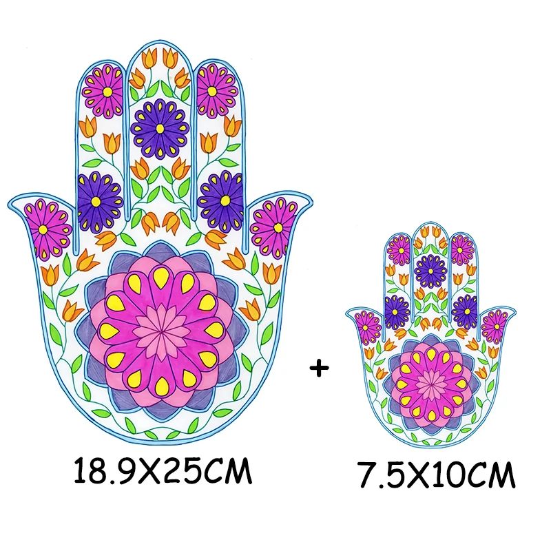 Colorful Hand Of Fatima Mandala Flower Patches Washable Women T-shirt Sticker Iron on Clothes Decoration Accessory Applique