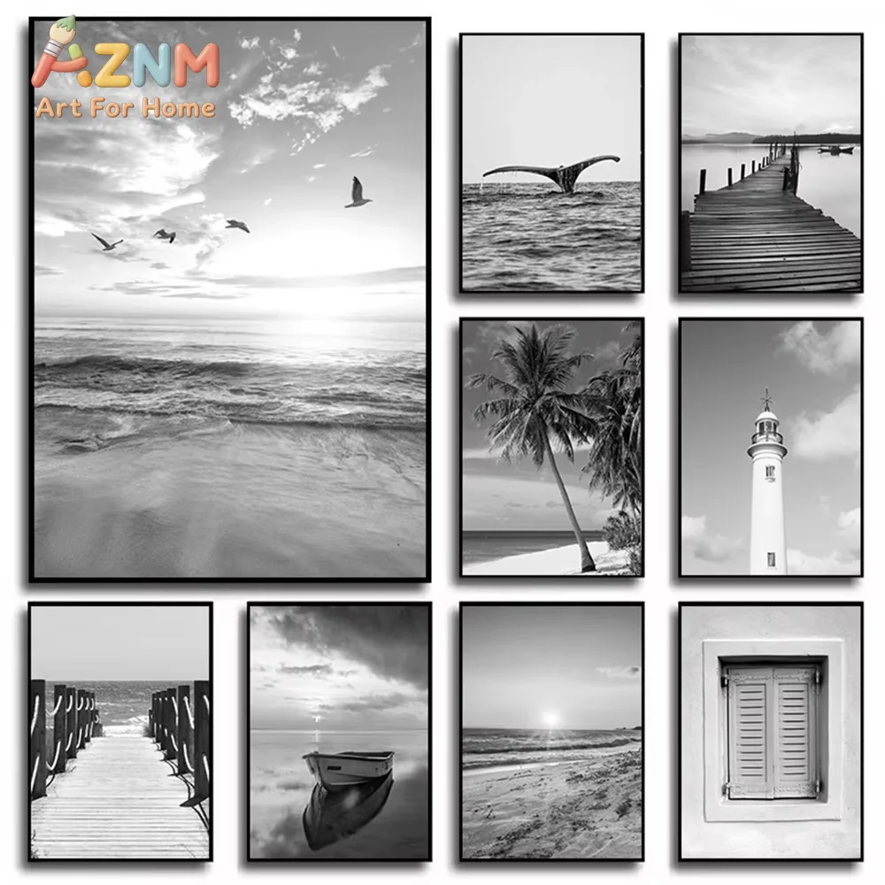 1PC Black And White Sea Beach Posters Boat Bridge Lighthouse Coconut Tree Canvas Painting Nordic Wall Art Print Home Decor