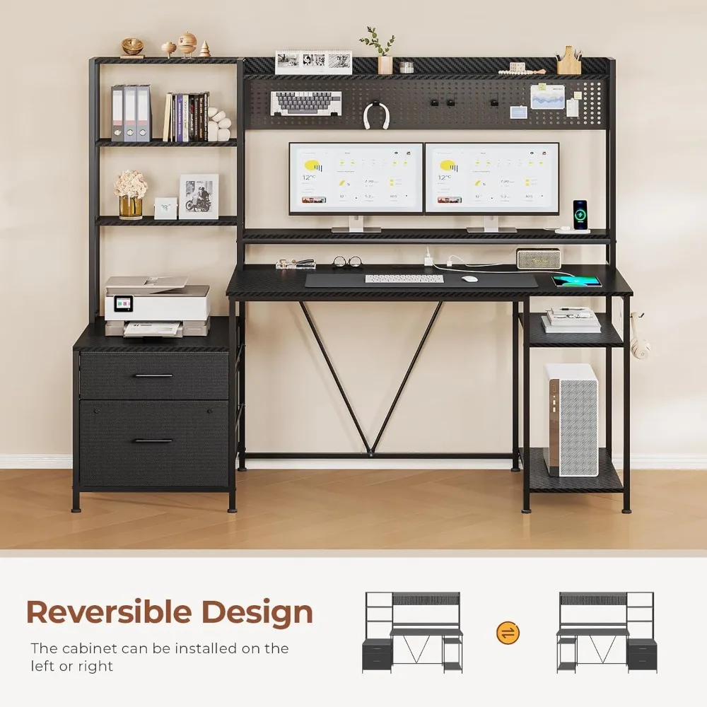 Gaming Desk with Hutch, 65in Reversible Computer Desk with Power Outlets LED Light, Home Office Desk with Monitor Stand 2 Drawer