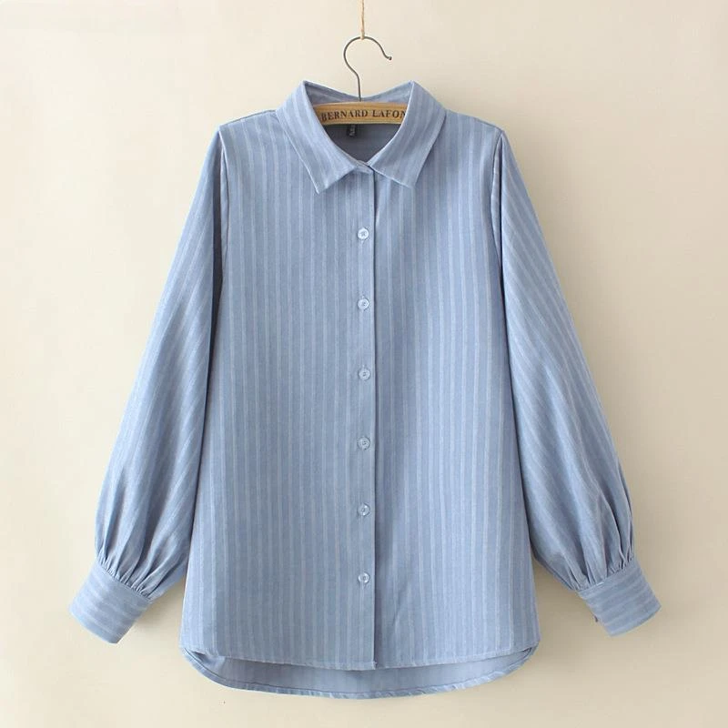 

Plus Size Shirts Women Clothing Spring Autumn Loose Lapel Blouses Casual Long Sleeve Hong Kong Style Stripes Tops V600