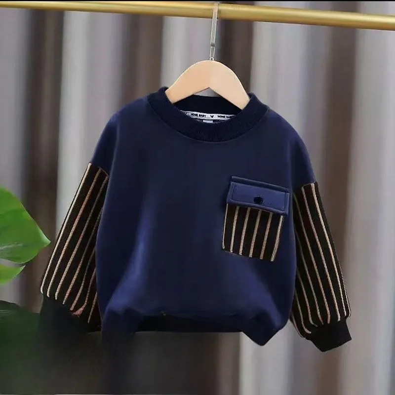 

Boys' Small-Medium Size Striped Non-Fleece Lined Sweatshirt - Spring/Autumn Kids' Base Layer Top for Babies