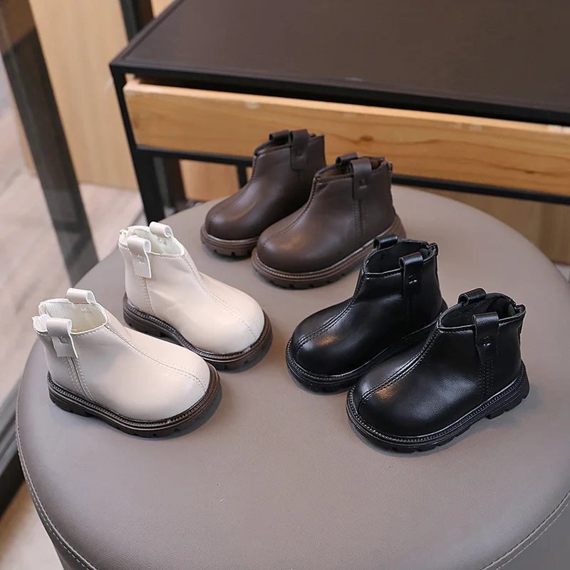 British Style Toddler Boots Fashion Zipper Non-Slip Girls Ankle Boots Leather Solid Color Boys Casual Shoes Student Short Boots