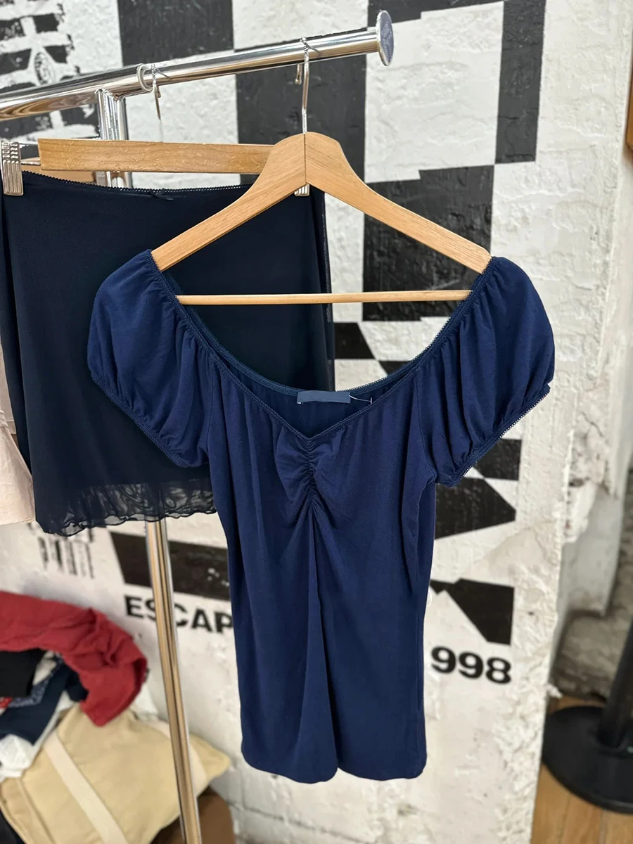 Navy Folds Slim T-shirt Summer V-neck Short Puff Sleeve Casual Tees Y2k Vintage Streetwear Solid Simple Tshirts Top for Woman