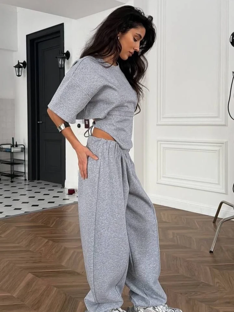 

Spring Cotton Loose Trousers Suit Women O Neck Short-sleeved Irregular Top+high Waist Wide-leg Pants Autumn Female Two-piece Set