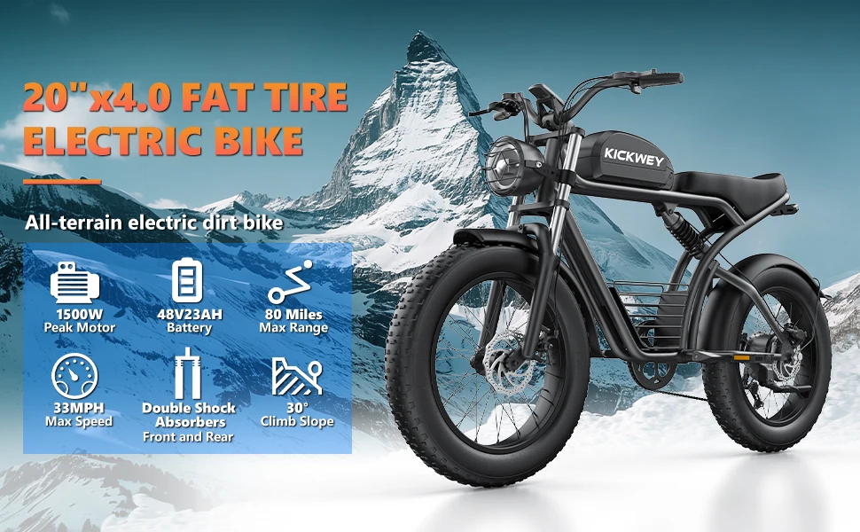 Kickwey K7 Pro Adult Electric Bicycle 3000w(Dual Motor 1500w×2) 48V 23ah Mountain Electric Bike 20 Inch Fat Tire Ebike