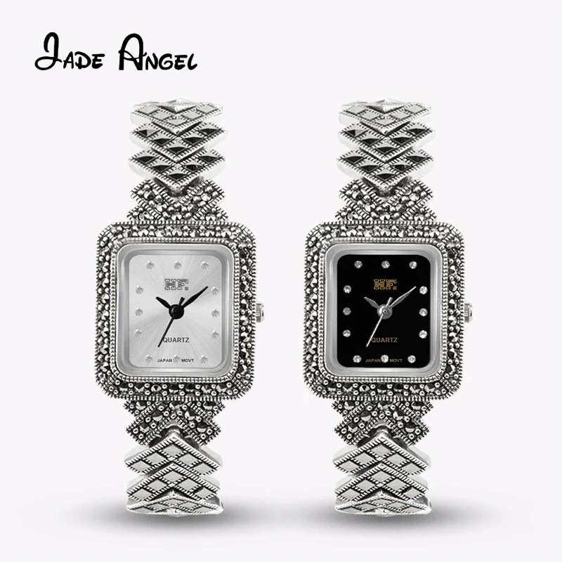 Jade Angel Sterling Silver Wristwatch 925 Silver Arrow Strap Bracelet With Marcasite Luxury Vintage Jewelry For Commemorative