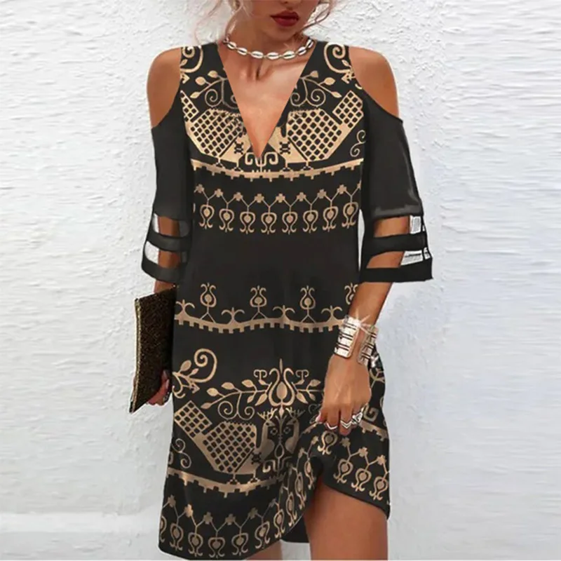 Party Black Dress Women Off the Shoulder Mid Sleeve Mini Dress Summer Hollow Printed Elegant Dress
