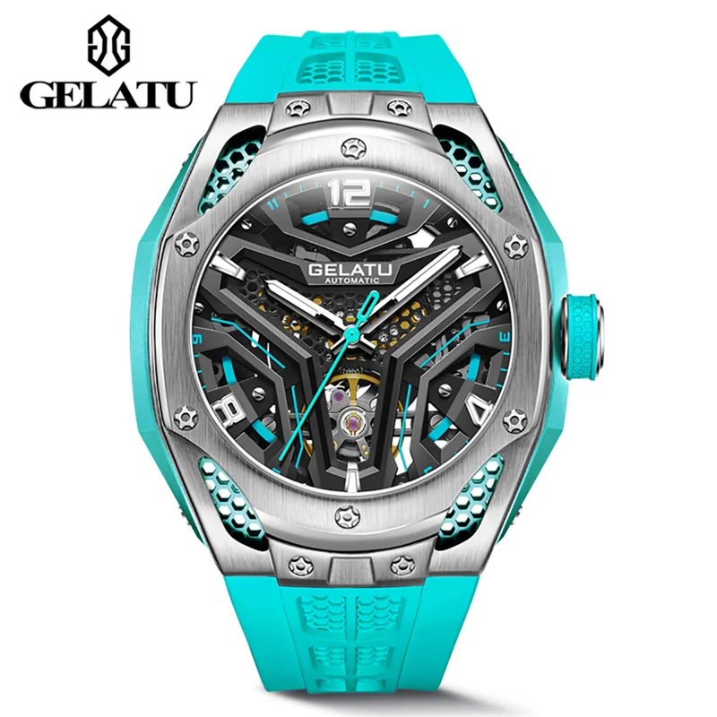 Imagem -02 - Relógio Mecânico Automático Gelatu Masculino Relógio de Pulso com Mostrador Grande Esqueleto Design Turbilhão Impermeável 53 mm