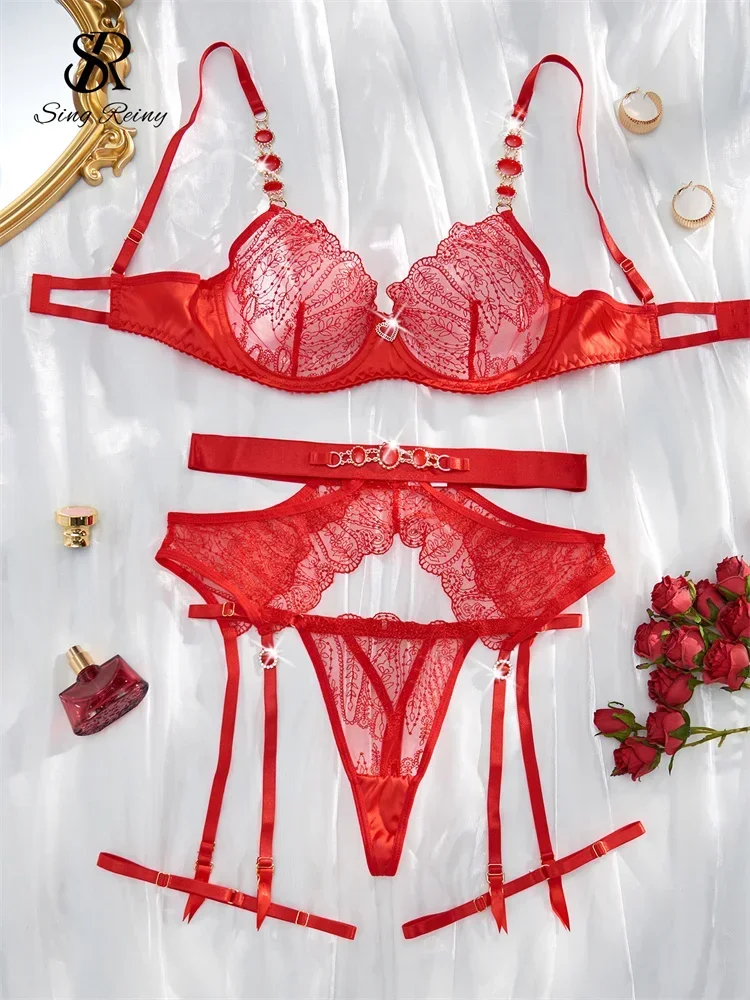 

SINGREINY Female Sheer Chain Erotic Bra&Brief Sets Transparent Embroidery Club Lingerie Ladies Hollow Out Sexy Underwear Suits