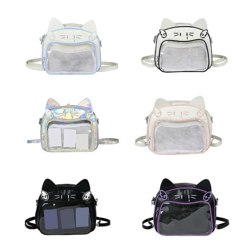 Japanese Anime Cat Itabag PU Leather Backpack Y2K Teen Girls Pin Display Transparent Crossbody Bag Student Casual School Bookbag