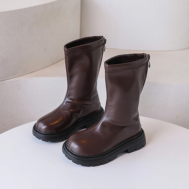 أحذية الخريف للأطفال جولة تو تنوعا الفتيات منتصف العجل الأحذية أزياء الاطفال عارضة الأميرة منصة الأحذية الجلدية عدم الانزلاق