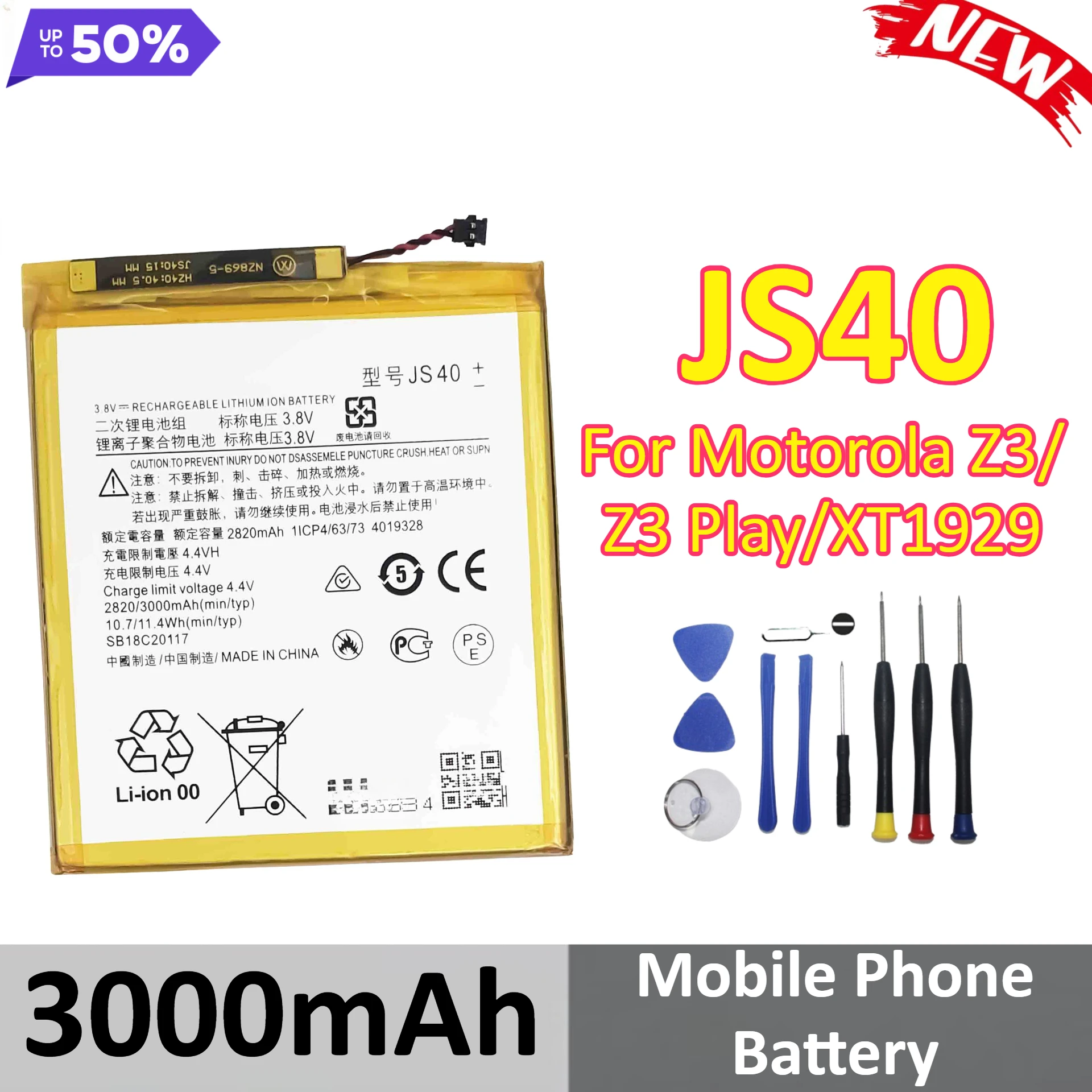 

New JS40 3000mAh Mobile Phone Battery For Motorola Z3/Z3 Play/XT1929 +Tools