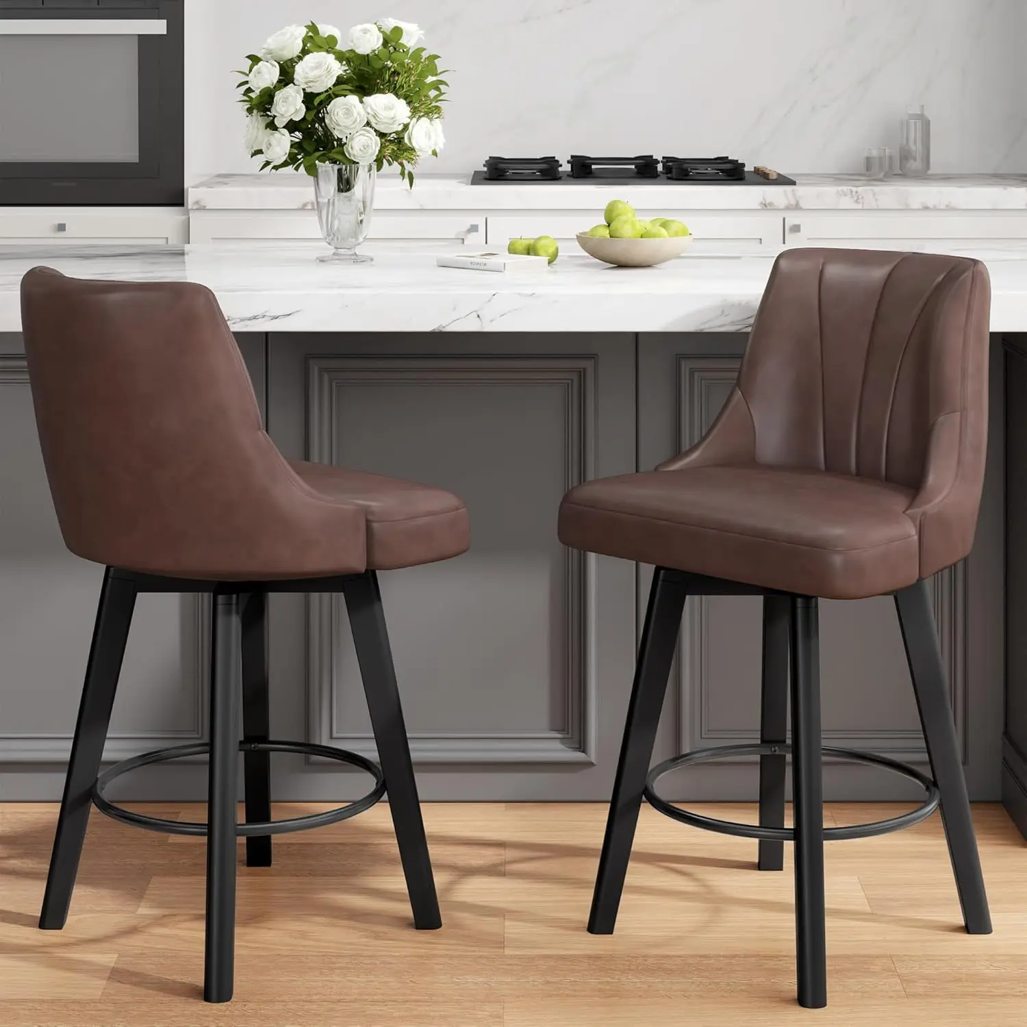 

Counter Height Swivel Bar Stool Set of 2, Upholstered PU Leather, Solid Wood Legs, Brown