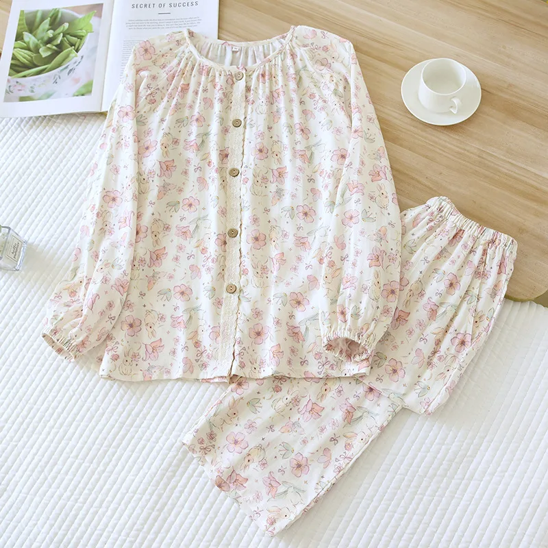 봄과 여름 코튼 레이스 칼라 여성 긴 소매 긴 바지 잠옷 세트 홈 의류 부드럽고 달콤한 잠옷