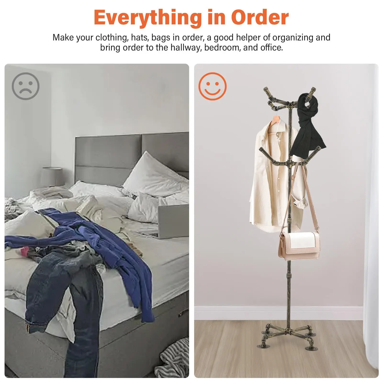 20Cabide de tubo industrial de altura, rack de roupas com 6 ganchos, suporte de roupas autônomo, casaco resistente de metal e chapéu ha